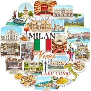 Navy Peony Northern Italy Travel Develops (28pcs) - Gouache Style ، مقاوم للماء ، شارات العطلات ذات طابع Milan في البندقية لكتاب القصاصات ، Waterbottle