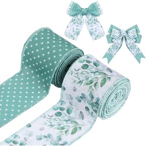 زنبرك سلكية سلكية الحافة الرجعية الشريط الزهور الزهرية الشريط الربيعي النسيج الشريط لقوس الزهور صنع لوازم ديكور التغليف DIY ، 2 لفات ، 10 ياردة (الزهور البرية الخضراء) in Kuwait