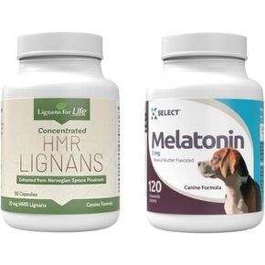 Lignans for Life & K9 حدد حزمة العناية بالحيوانات الأليفة - HMR Lignans 20mg ، 90 كبسولات - Melatonin و 3mg ، 120 أقراص بنكهة زبدة الفول السوداني - مكملات الكلاب متعددة الفيتامينات - سلالة الكلب متوسطة الحجم