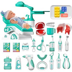 Deluxe 28 قطعة Doctor Kit للأطفال الصغار ، وعبّر طبيب أسنان الأطفال مع كرسي ودمي طبيب الأسنان التفاعلي ، والمسرحيات الطبية للأعمار من 3 إلى 8 سنوات.