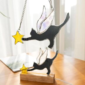 ملائكة Cat Black Suncatcher Lamp - هدايا كات التذكارية لفقدان هدية تعاطف مع الهدايا الزجاجية الملون معلقة هدايا Cat Memorial Memorial (أسود)