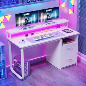 DWVO Office Desk with Drawers, 47" Computer Desk with Power Outlets & LED Light, Home Office Desk with Storage & Monitor Stand, White