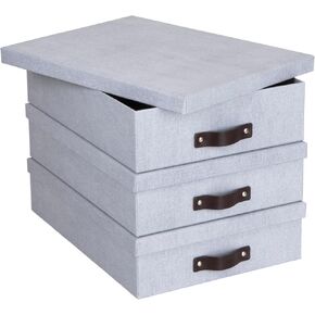 Bigso Oskar Canvas Fiberboard Document Letter Box - File Organizer Box for Important Paperwork - Document Storage with a Lid & Leather Handle - 3.3 in x 10.2 in x 13.8 in - 3 Pack - Ash