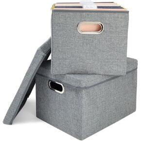 Stockroom Plus 2 Pack Decorative File Boxes Storage with Lids, Filing Organizer Hanging Document Container, Gray, 15.4" x 12.4" x 10"