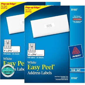 Avery Easy Peel Advice Labels حبر حبر ، أبيض 1 × 2.5 / 8 بوصة من 1500 (25 ورقة / 30 لكل ورقة) 2 حزمة