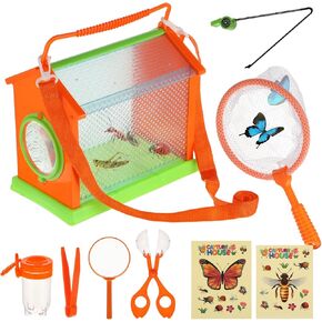 9 PCS Bug Casher Kit للأطفال ، طقم Explorer Kit في الهواء الطلق حشرات الصيد مع صندوق علة صافي الماسك الصافي ملصقات جرة مراقبة الجرة تعليمات ل 3 4 5 6 7 8 (برتقالي)