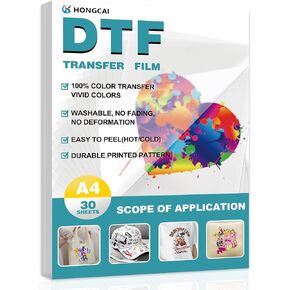 30 sheets DTF Transfer film A4 double-sided smooth transparent pre-treated PET thermal transfer paper, cold and hot peel, for direct printing of T-shirt textiles on Epson inkjet printers