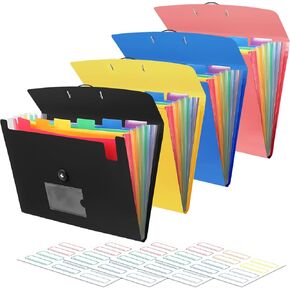 4 Pack 7 Pocket Accordian File منظم مع تسميات ، مجلد الملفات المجلد المتوسع من البلاستيك قابلة للتوسيع لمستندات حجم الحروف حجم A4