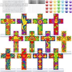 24 مجموعة صليب ديني Suncatchers مجموعات الحرف اليسارية قرضت Christian DIY لوحة الصلبان مع Stand Spring Spring Acrylic Cross Art Suncatchers for Kids يسوع VBS