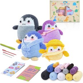 Juangfia Crochet Kit for Beginners, Crochet Animal Kit, DIY Crocheting Kit for Starters with Step-by-Step Video Tutorials, Beginner Crochet Kit for Kids Adults (4 PCS Penguin)