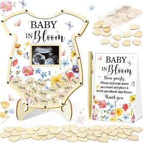 65Pcs Baby in Bloom Baby Shower Decorations Guest Book, Baby Shower Guest Book Alternatives with Pen, Photo Frame, 60 Heart Wood Slices, Baby Sonogram Frame Keepsake for 60 Guests