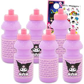 Sanrio Kuromi Kids 11.8 Oz زجاجات المياه القابلة لإعادة الاستخدام الحزب لصالح 6 قطع حزمة مع 11.8 أوقية زجاجات مع ملصقات السحب أعلى غطاء ، المزيد للفتيات | أكواب مياه كورومي السائبة