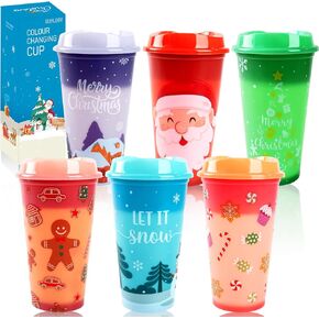 6pcs عيد الميلاد لون تغيير الكؤوس الساخنة مع الأغطية ، والبلاستيك أكواب القهوة الساخنة للبالغين للبالغين شتاء الشتاء عيد ميلاد عيد ميلاد الكوب الحزب tumblers ، 16 أوقية