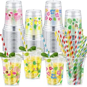 Tanlade 100 pcs 16 Oz Hawaiian Luau Closp Coups with Straws Coconut Coconut Flamingo Tropical Curs for Beach Summer Party Form