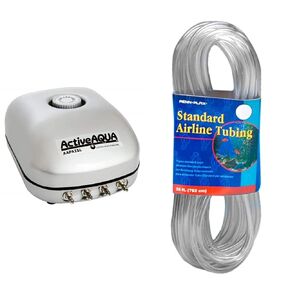 Hydrofarm AAPA15L Active Aqua, 6W, 15 L/min Air Pump 4 Outlets, Silver & Penn-Plax Standard Airline Tubing for Aquariums – Clear and Flexible – Resists Kinking – 25 Feet
