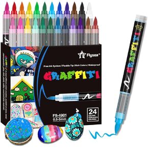 24 Colors Acrylic Paint Pens Waterproof Fine Point Brush Tip Creative Art Acrylic Paint Markers Coloring Markers for Adults on Fabric Wood Canvas Rocks Painting