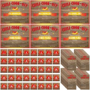 Tenceur 96 PCS Chili Cook Off Decorts تشمل 6 شهادة جائزة 50 Chili Cook Off Coursing Cards 40 ملصقات رقم لاصقة ذاتية للحفلات (النمط الكلاسيكي)