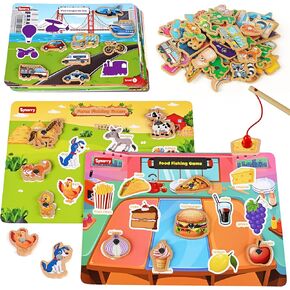 Synarry 89 PCS Wooden Magnetic Sight Word لعبة صيد النشاط ما قبل المدرسة ، لعبة مطابقة فرز الذاكرة لمدة 3 4 5 سنوات التعلم بطاقات متعددة