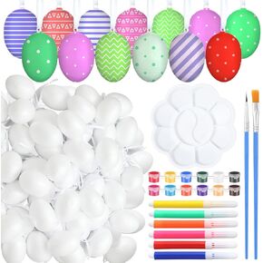 Gerrii 50 pcs رغوة بيضاء بيض عيد الفصح زخارف زخرفة كبيرة قابلة للطلاء مع 6 علامات ، 12 رسم ، 2 فرش ، لوحة واحدة معلقة بيض عيد الفصح مع سلسلة لحشو سلة الحرف DIY