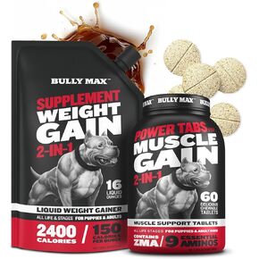 Bully Max Muscle Builder Power Tabs Supplement (60 tabs) and Weight Gainer Liquid Bundle for Puppies & Adults, All Breeds – Supporting Healthy Weight Maintenance Vitality and Balanced Daily Nutrition