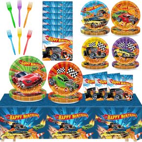 98 PCS Race Car Party Supplies Hot Car Paper Plates Napkins TableCloths Racing Themplow أدوات المائدة الأسود تغطية طاولة أبيض أسود للأطفال أولاد دش الطفل ديكورات حفلة عيد ميلاد لمدة 24 ضيفًا