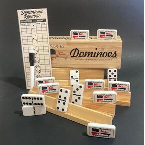 Dominican Double Six Dominoes Set with Dominican Republic Flag Tiles, Reusable Score Pad, and 4 Wood Domino Racks - The Ultimate Dominican Gaming Experience