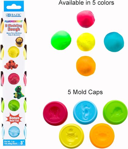 BAZIC Modeling Dough 1 Oz, 5 Fluorescent Colors, Non Toxic Soft DIY Modeling Clay with Mold Caps for Art and Crafts, Sculpting, Kids Children, 1-Pack in Saudi Arabia