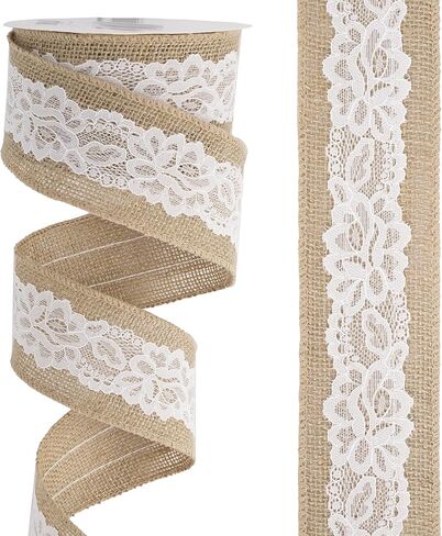 HUIHUANG Burlap Ribbon with Lace Wired Ribbon White Lace Jute Burlap Ribbon for Wreaths Rustic Crafts Bows Making Home Decor Gift Wrapping Wedding Decor Baby Shower Diaper Cake -2.5 inch x 10 Yards in Kuwait
