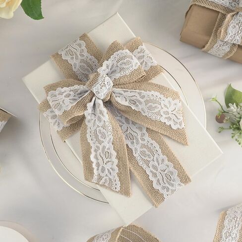 HUIHUANG Burlap Ribbon with Lace Wired Ribbon White Lace Jute Burlap Ribbon for Wreaths Rustic Crafts Bows Making Home Decor Gift Wrapping Wedding Decor Baby Shower Diaper Cake -2.5 inch x 10 Yards in Kuwait