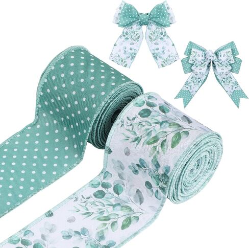 Spring Wired Edge Ribbon Retro Wild Floral Craft Ribbon Spring Fabric Ribbon for Wreath Bow Making DIY Wrapping Party Decor Supplies, 2 Rolls, 10 Yard (Green Wildflowers) in Kuwait