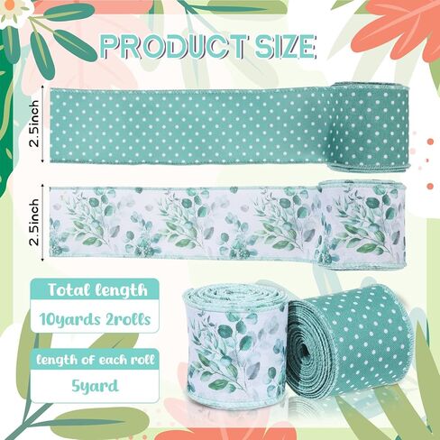 Spring Wired Edge Ribbon Retro Wild Floral Craft Ribbon Spring Fabric Ribbon for Wreath Bow Making DIY Wrapping Party Decor Supplies, 2 Rolls, 10 Yard (Green Wildflowers) in Kuwait