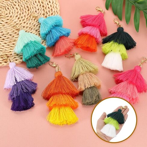 uxcell Tri-Layered Tassels 6.7Inch Tassel Bag Charm Bohemian Keychains Handmade Tassel Keychain for DIY Projects, Jewelry Making, Decoration (Rose Red/Red/Orange) in Kuwait