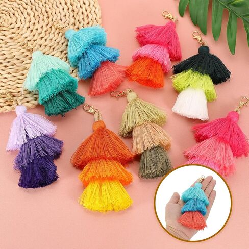 uxcell Tri-Layered Tassels 6.7Inch Tassel Bag Charm Bohemian Keychains Handmade Tassel Keychain for DIY Projects, Jewelry Making, Decoration (Rose Red/Red/Orange) in Kuwait
