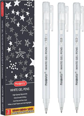 PANDAFLY White Gel Pens, Fine, Medium & Bold Tip Ink Pens for Journaling, Art, or Drawing - For Art Gifts, Holiday Gifts & DIY Projects, White Ink, 05/08/10mm Assorted Tip Sizes - 3 Pack in Saudi Arabia