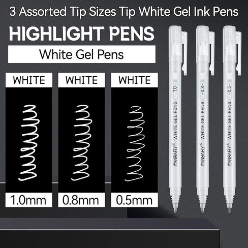 PANDAFLY White Gel Pens, Fine, Medium & Bold Tip Ink Pens for Journaling, Art, or Drawing - For Art Gifts, Holiday Gifts & DIY Projects, White Ink, 05/08/10mm Assorted Tip Sizes - 3 Pack in Saudi Arabia