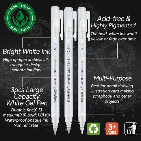 PANDAFLY White Gel Pens, Fine, Medium & Bold Tip Ink Pens for Journaling, Art, or Drawing - For Art Gifts, Holiday Gifts & DIY Projects, White Ink, 05/08/10mm Assorted Tip Sizes - 3 Pack in Saudi Arabia