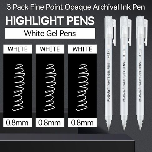 PANDAFLY White Gel Pens, Fine, Medium & Bold Tip Ink Pens for Journaling, Art, or Drawing - For Art Gifts, Holiday Gifts & DIY Projects, White Ink, 05/08/10mm Assorted Tip Sizes - 3 Pack in Saudi Arabia