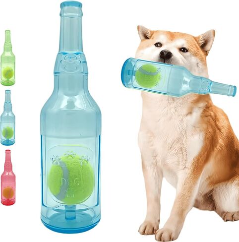 Cute Tough Dog Toy Rubber Bottle Squeaky Dogs Chew Toy Long Lasting Interactive Fetch Toy for Teething Tennis Ball Included (Blue, Medium) in Saudi Arabia