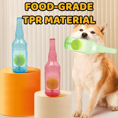 Cute Tough Dog Toy Rubber Bottle Squeaky Dogs Chew Toy Long Lasting Interactive Fetch Toy for Teething Tennis Ball Included (Blue, Medium) in Saudi Arabia