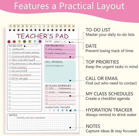 المعلم لإجراء قائمة المفكرة ، 8.3 × 5.8 بوصة مدرس ، دفتر ملاحظات قائمة مراجعة دوامة لجداول الفصل الدراسي ، المخطط اليومي ، المهام المدرسية وتحديد الأهداف (الوردي) in Kuwait