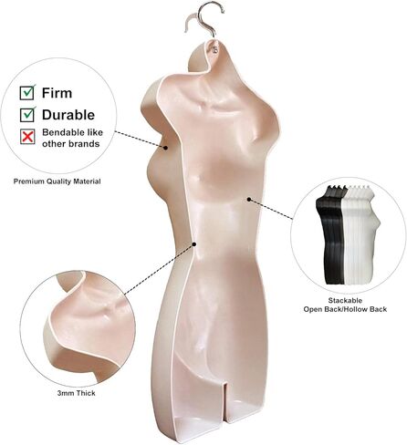 DisplayTown Female Mannequin Hip Long Torso Hollow Back Body Stackable Dress Form with Hanging Hook for Tshirt Display, Countertop, Craft Show, Photos and Design, S-M Clothing Size (Silver, Set of 2) in Kuwait