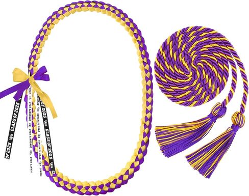 Graduation Leis 2025 and Graduation Cords, Purple Gold Graduation Ribbon Lei with Honor Cords, Graduation Braided Necklace Class of 2025 Graduation Gifts for 2025 Graduation Party Decorations Supplies in Saudi Arabia