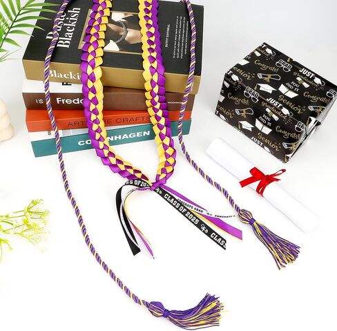 Graduation Leis 2025 and Graduation Cords, Purple Gold Graduation Ribbon Lei with Honor Cords, Graduation Braided Necklace Class of 2025 Graduation Gifts for 2025 Graduation Party Decorations Supplies in Saudi Arabia