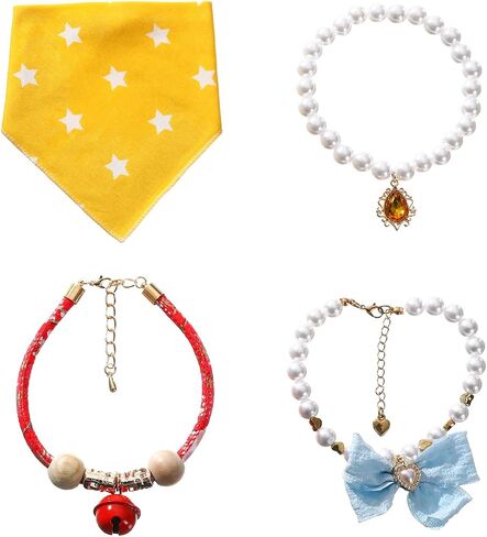 4PCS Kitten and Puppy Collar Combination, Dirt-Proof Triangle Scarf, Natural Camphor Wood Pet Bell, Cat Pearl Collar and Pet Party Accessories (Mixed Color) in Saudi Arabia