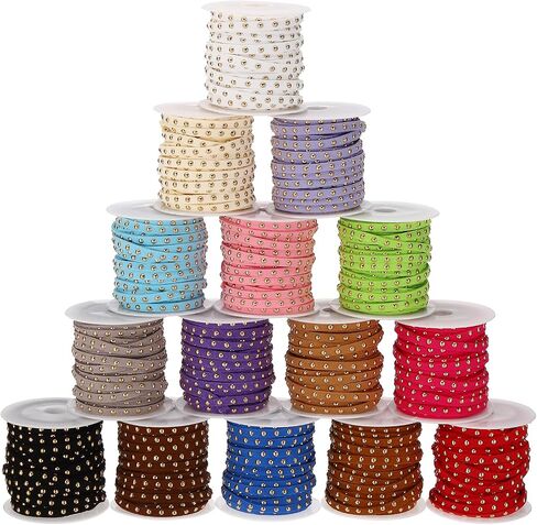 PATIKIL 82 Yards 15 Color Studded Faux Suede Cord Rope for Jewelry Making, 15Pcs Each 5 Meter 5mm Micro Fibre Flat Leather Lace Beading String Ribbon with Golden Rivets in Kuwait