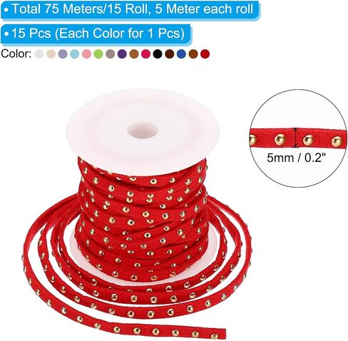 PATIKIL 82 Yards 15 Color Studded Faux Suede Cord Rope for Jewelry Making, 15Pcs Each 5 Meter 5mm Micro Fibre Flat Leather Lace Beading String Ribbon with Golden Rivets in Kuwait