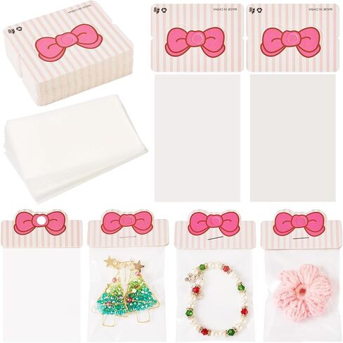 100 Pcs Jewelry Display Cards With 100Pcs Opp Cellophane Jewlery Bags Necklace Bracelet Earring Cards For Christmas Festival Wrapping Supplie Clear Bags Small Jewelry Bags（Pink） in Kuwait