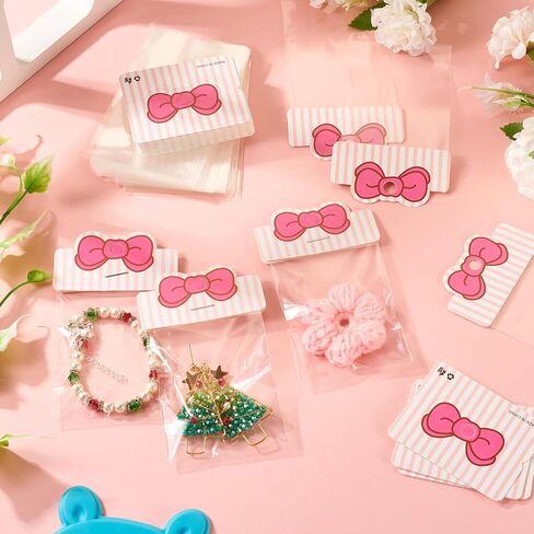 100 Pcs Jewelry Display Cards With 100Pcs Opp Cellophane Jewlery Bags Necklace Bracelet Earring Cards For Christmas Festival Wrapping Supplie Clear Bags Small Jewelry Bags（Pink） in Kuwait