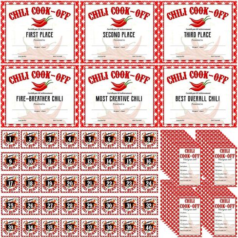Tenceur 96 Pcs Chili Cook Off Contest Decorations Include 6 Certificate of Award 50 Chili Cook Off Voting Cards 40 Self Adhesive Number Stickers for Party(Classic Style) in Saudi Arabia