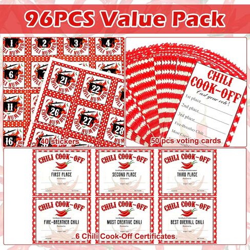 Tenceur 96 Pcs Chili Cook Off Contest Decorations Include 6 Certificate of Award 50 Chili Cook Off Voting Cards 40 Self Adhesive Number Stickers for Party(Classic Style) in Saudi Arabia